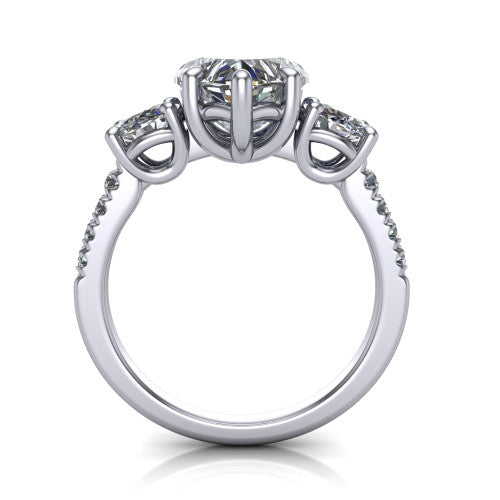 Celeste heart three stone engagement ring in 14K White Gold, through-finger front profile showing the three-stone head raised above the pav&eacute; band
