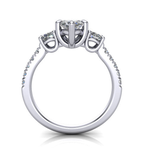 Celeste marquise three stone engagement ring in Platinum, through-finger front profile showing the three-stone head raised above the pav&eacute; band