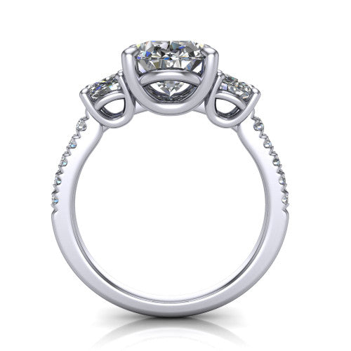 Celeste oval three stone engagement ring in 14K White Gold, through-finger front profile showing the three-stone head raised above the pav&eacute; band