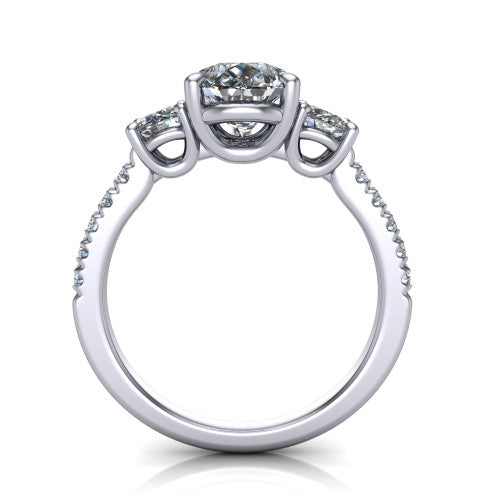 Celeste pear three stone engagement ring in Platinum, through-finger front profile showing the three-stone head raised above the pav&eacute; band