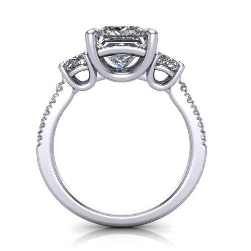 Celeste princess three stone engagement ring in 18K White Gold, through-finger front profile showing the three-stone head raised above the pav&eacute; band