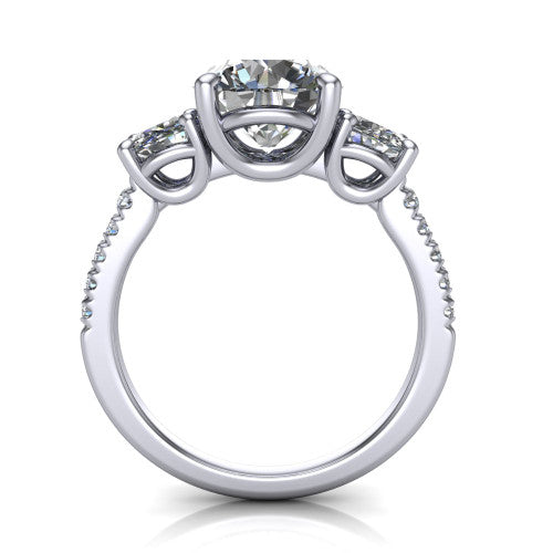 Celeste round three stone engagement ring in 18K White Gold, through-finger front profile showing the three-stone head raised above the pav&eacute; band