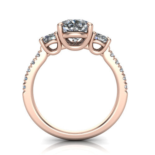 Celeste pear three stone engagement ring in 14K Rose Gold, through-finger front profile showing the three-stone head raised above the pav&eacute; band