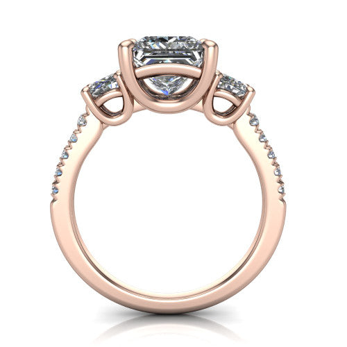 Celeste princess three stone engagement ring in 18K Rose Gold, through-finger front profile showing the three-stone head raised above the pav&eacute; band