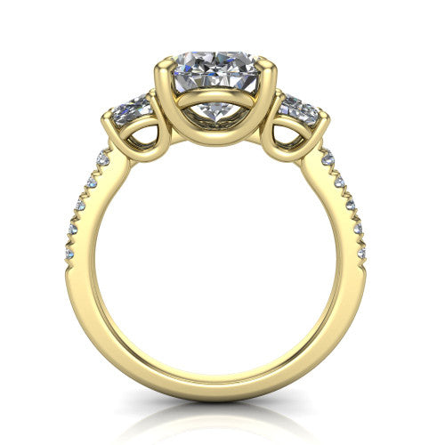 Celeste oval three stone engagement ring in 14K Yellow Gold, through-finger front profile showing the three-stone head raised above the pav&eacute; band