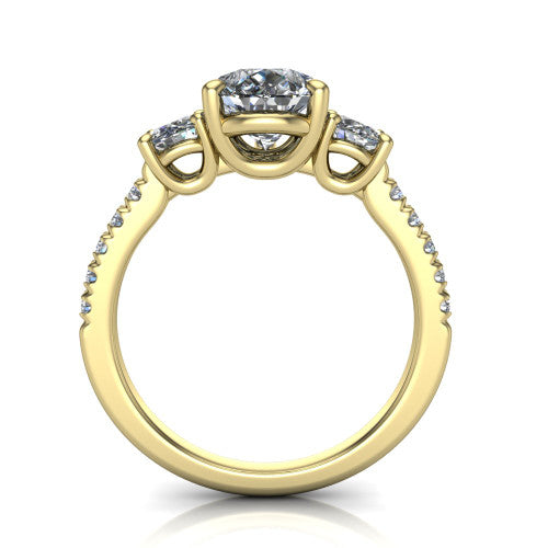 Celeste pear three stone engagement ring in 14K Yellow Gold, through-finger front profile showing the three-stone head raised above the pav&eacute; band