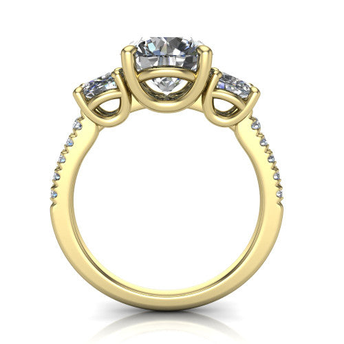 Celeste round three stone engagement ring in 14K Yellow Gold, through-finger front profile showing the three-stone head raised above the pav&eacute; band