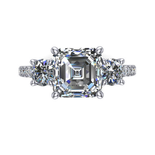 Celeste asscher three stone engagement ring in 14K White Gold, top-down view showing the center diamond flanked by two round side stones in a classic three stone setting