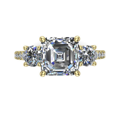 Celeste asscher three stone engagement ring in 14K Yellow Gold, top-down view showing the center diamond flanked by two round side stones in a classic three stone setting