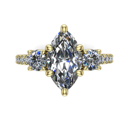 Celeste marquise three stone engagement ring in 18K Yellow Gold, top-down view showing the center diamond flanked by two round side stones in a classic three stone setting
