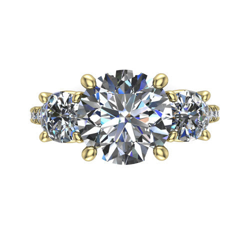 Celeste round three stone engagement ring in 14K Yellow Gold, top-down view showing the center diamond flanked by two round side stones in a classic three stone setting
