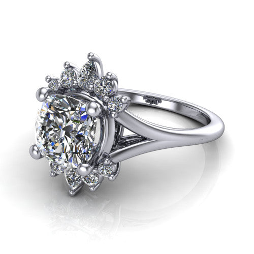 Sage cushion halo engagement ring in 14K White Gold, three-quarter perspective showing the center framed by a vintage cluster halo of pear and round diamonds above a split shank