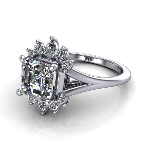 Sage asscher halo engagement ring in Platinum, three-quarter perspective showing the center framed by a vintage cluster halo of pear and round diamonds above a split shank