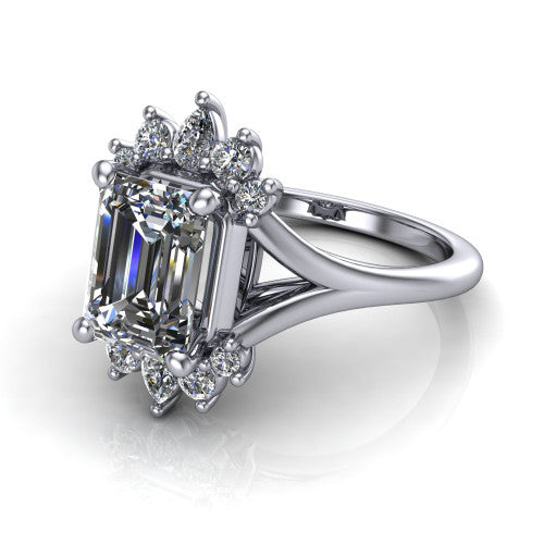 Sage emerald halo engagement ring in 14K White Gold, three-quarter perspective showing the center framed by a vintage cluster halo of pear and round diamonds above a split shank