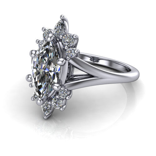Sage marquise halo engagement ring in 14K White Gold, three-quarter perspective showing the center framed by a vintage cluster halo of pear and round diamonds above a split shank