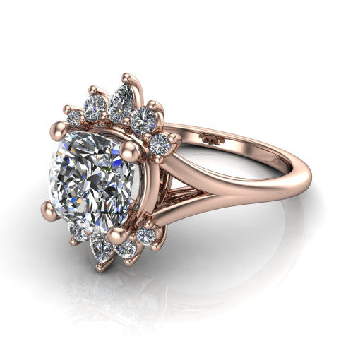 Sage cushion halo engagement ring in 14K Rose Gold, three-quarter perspective showing the center framed by a vintage cluster halo of pear and round diamonds above a split shank