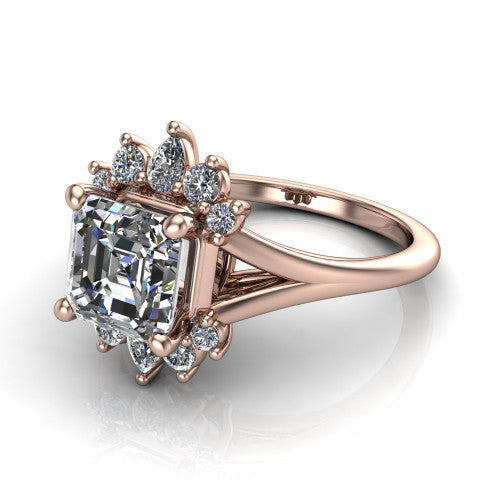 Sage asscher halo engagement ring in 14K Rose Gold, three-quarter perspective showing the center framed by a vintage cluster halo of pear and round diamonds above a split shank