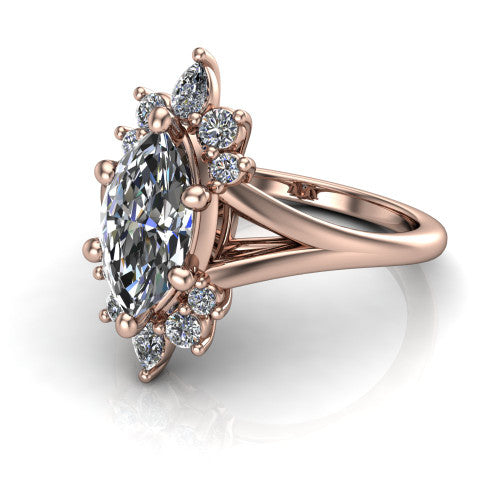 Sage marquise halo engagement ring in 18K Rose Gold, three-quarter perspective showing the center framed by a vintage cluster halo of pear and round diamonds above a split shank