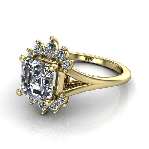 Sage asscher halo engagement ring in 14K Yellow Gold, three-quarter perspective showing the center framed by a vintage cluster halo of pear and round diamonds above a split shank