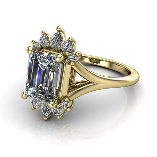 Sage emerald halo engagement ring in 14K Yellow Gold, three-quarter perspective showing the center framed by a vintage cluster halo of pear and round diamonds above a split shank