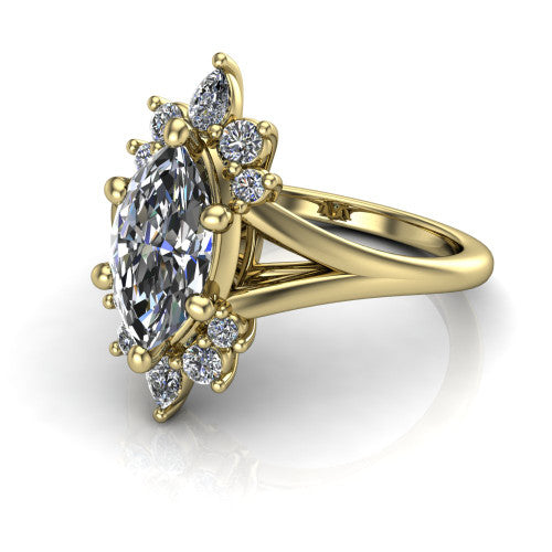 Sage marquise halo engagement ring in 14K Yellow Gold, three-quarter perspective showing the center framed by a vintage cluster halo of pear and round diamonds above a split shank