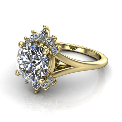 Sage round halo engagement ring in 18K Yellow Gold, three-quarter perspective showing the center framed by a vintage cluster halo of pear and round diamonds above a split shank