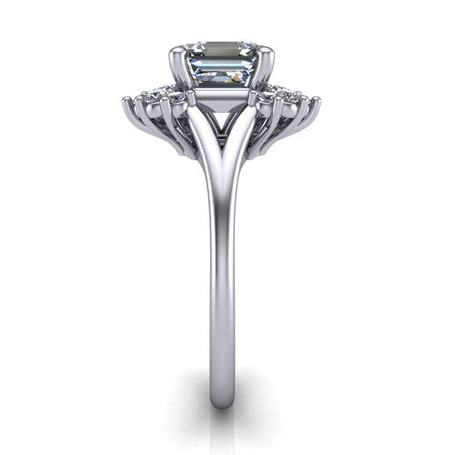 Sage asscher halo engagement ring in 18K White Gold, side profile showing the pear and round accent cluster and the polished split band