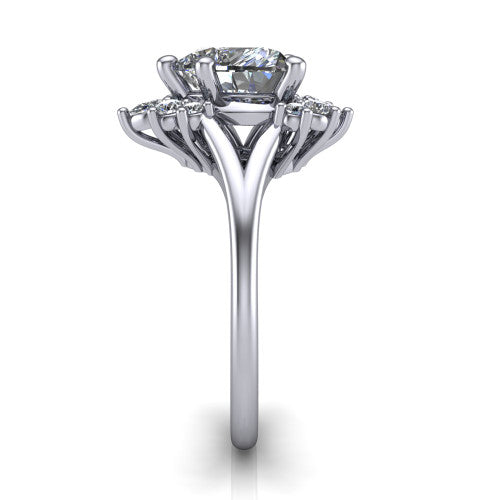 Sage heart halo engagement ring in 14K White Gold, side profile showing the pear and round accent cluster and the polished split band