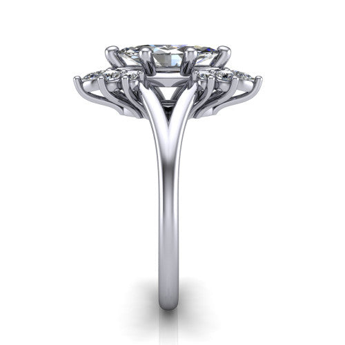 Sage marquise halo engagement ring in 18K White Gold, side profile showing the pear and round accent cluster and the polished split band