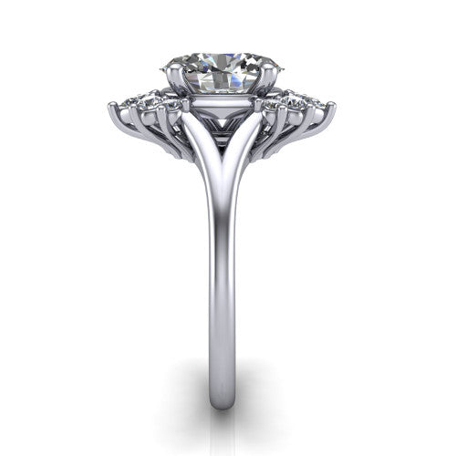 Sage oval halo engagement ring in 14K White Gold, side profile showing the pear and round accent cluster and the polished split band