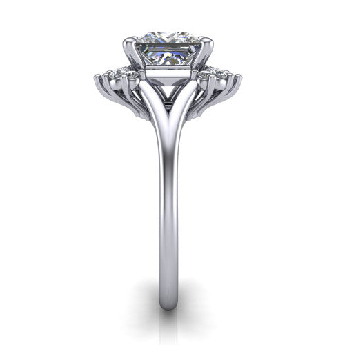 Sage princess halo engagement ring in Platinum, side profile showing the pear and round accent cluster and the polished split band