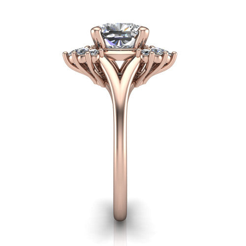 Sage cushion halo engagement ring in 14K Rose Gold, side profile showing the pear and round accent cluster and the polished split band