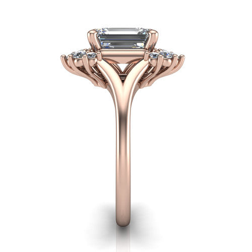 Sage emerald halo engagement ring in 18K Rose Gold, side profile showing the pear and round accent cluster and the polished split band