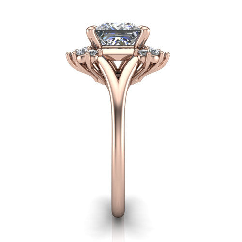 Sage princess halo engagement ring in 18K Rose Gold, side profile showing the pear and round accent cluster and the polished split band