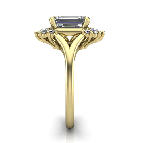 Sage emerald halo engagement ring in 14K Yellow Gold, side profile showing the pear and round accent cluster and the polished split band