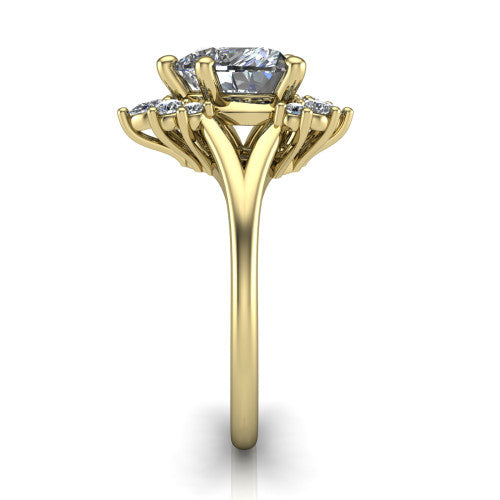 Sage heart halo engagement ring in 18K Yellow Gold, side profile showing the pear and round accent cluster and the polished split band
