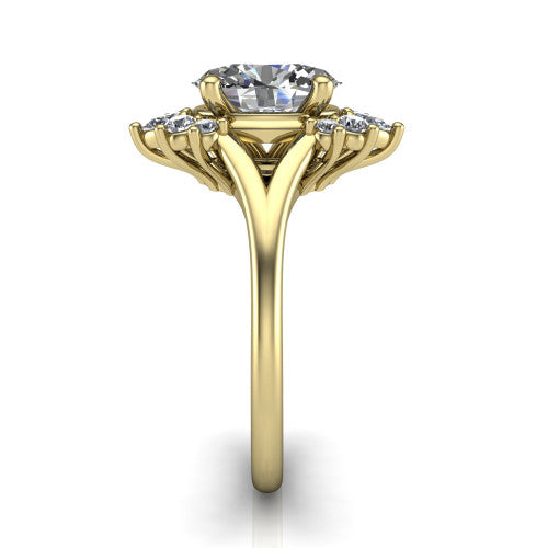 Sage oval halo engagement ring in 14K Yellow Gold, side profile showing the pear and round accent cluster and the polished split band