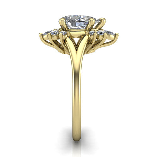 Sage pear halo engagement ring in 14K Yellow Gold, side profile showing the pear and round accent cluster and the polished split band