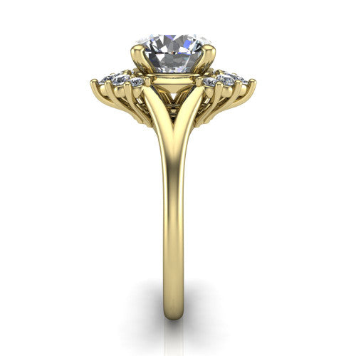 Sage round halo engagement ring in 18K Yellow Gold, side profile showing the pear and round accent cluster and the polished split band