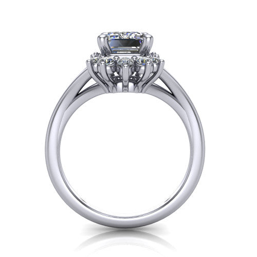 Sage emerald halo engagement ring in 18K White Gold, through-finger front profile showing the cluster halo head raised above the polished split shank