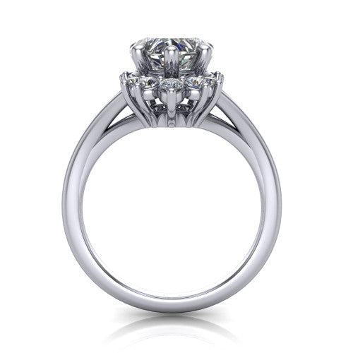 Sage heart halo engagement ring in 14K White Gold, through-finger front profile showing the cluster halo head raised above the polished split shank