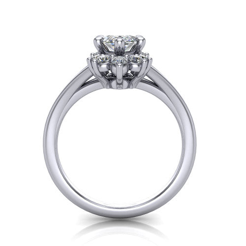 Sage marquise halo engagement ring in Platinum, through-finger front profile showing the cluster halo head raised above the polished split shank
