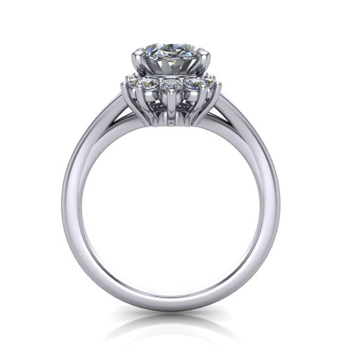 Sage oval halo engagement ring in Platinum, through-finger front profile showing the cluster halo head raised above the polished split shank