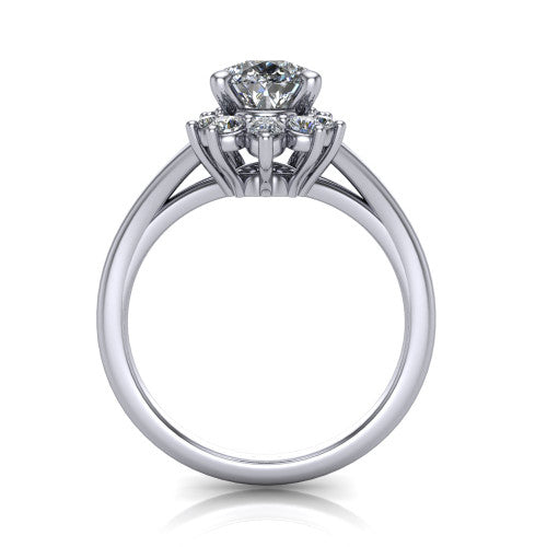 Sage pear halo engagement ring in 14K White Gold, through-finger front profile showing the cluster halo head raised above the polished split shank