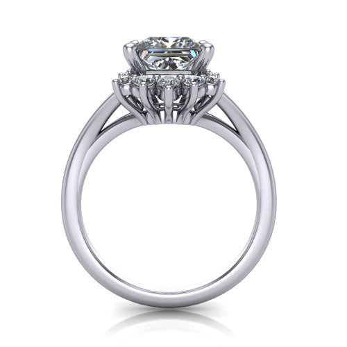 Sage princess halo engagement ring in Platinum, through-finger front profile showing the cluster halo head raised above the polished split shank