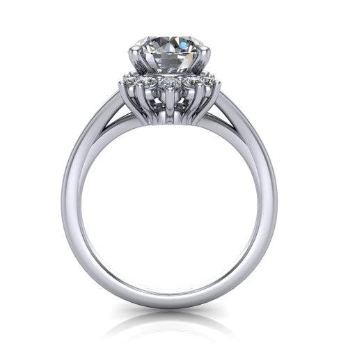 Sage round halo engagement ring in Platinum, through-finger front profile showing the cluster halo head raised above the polished split shank