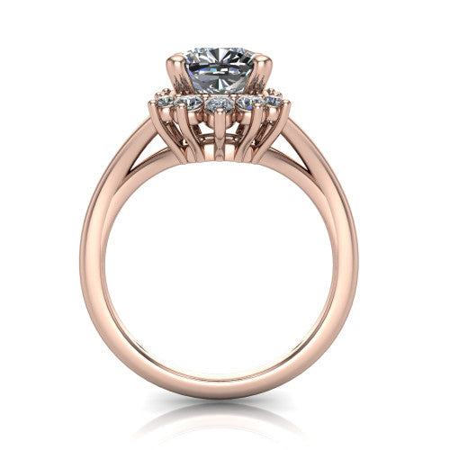 Sage cushion halo engagement ring in 18K Rose Gold, through-finger front profile showing the cluster halo head raised above the polished split shank