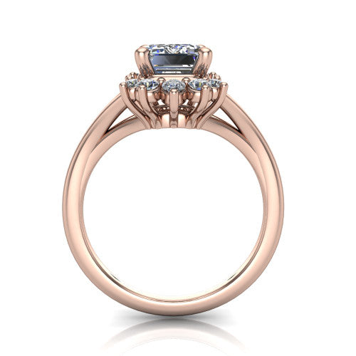 Sage emerald halo engagement ring in 18K Rose Gold, through-finger front profile showing the cluster halo head raised above the polished split shank