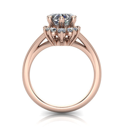 Sage heart halo engagement ring in 14K Rose Gold, through-finger front profile showing the cluster halo head raised above the polished split shank