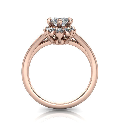 Sage marquise halo engagement ring in 14K Rose Gold, through-finger front profile showing the cluster halo head raised above the polished split shank